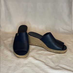 Tory Burch navy blue leather wedged mules